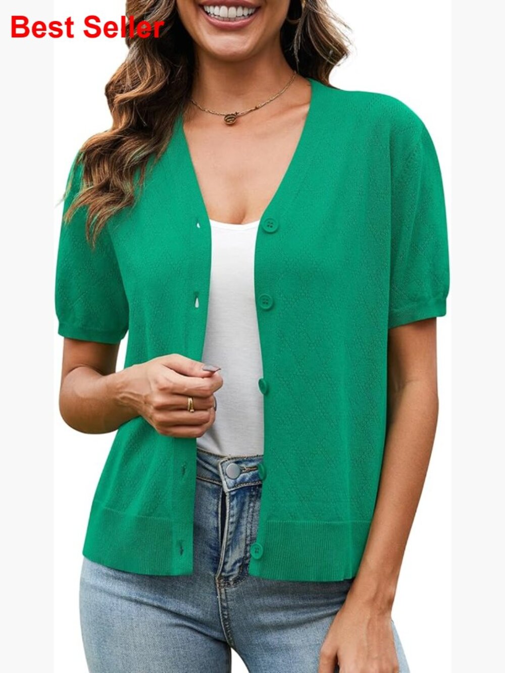 Short Sleeve Lightweight Crochet Knit Cardigan Shrug V-Neck
